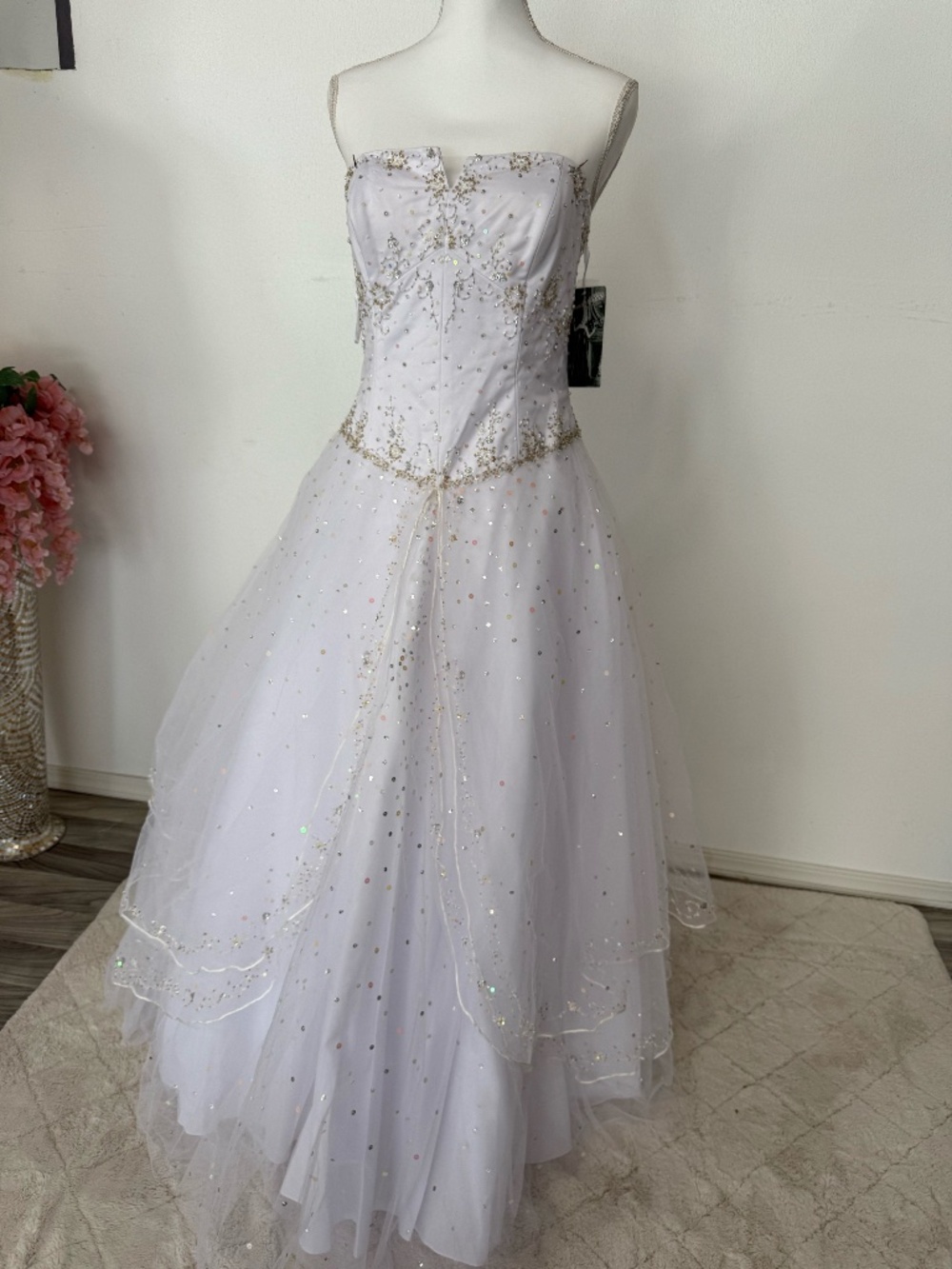 White Strapless Ballgown with Sequined Tulle Skirt & Corset Back - size 12